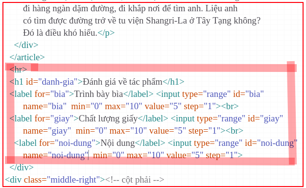 Mã code cho phần đánh giá