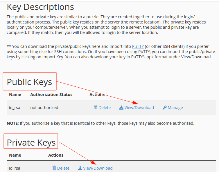 Danh sách SSH key trong cPanel