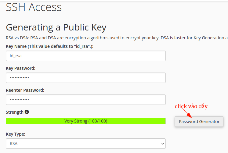 Nút tạo mật khẩu SSH Key